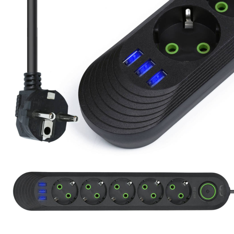 Prelungitor 2 metri, 5 prize, 3 x slot USB, doua modele, 2500W - ShopSee - Magazin online